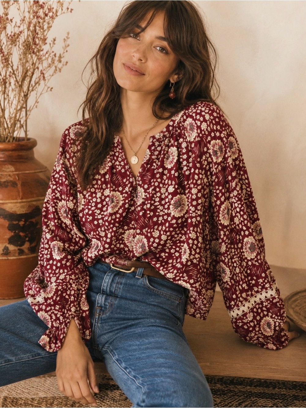 NATALIE MARTIN Womens XS Renata Red Floral Print Rayon Peasant Blouse Top